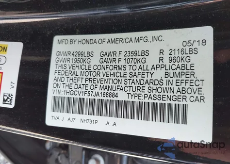 2018 Honda Accord Ex-L из США, поврежденный, VIN 1HGCV1F57JA168884